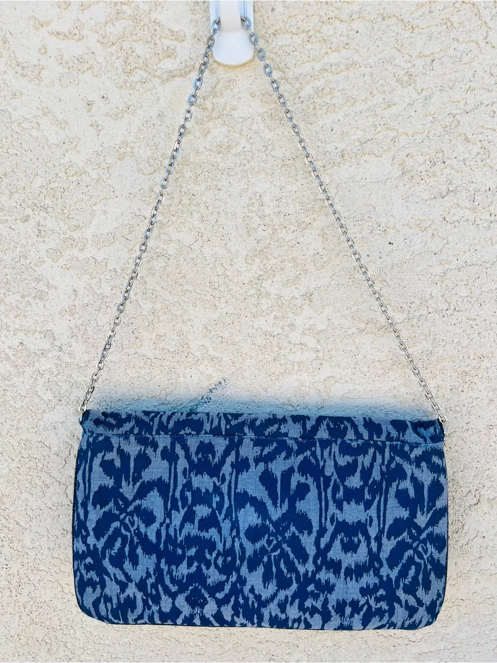 Chico’s Blue Gray Ikat Foldover Envelope Clutch Chain Strap Boho